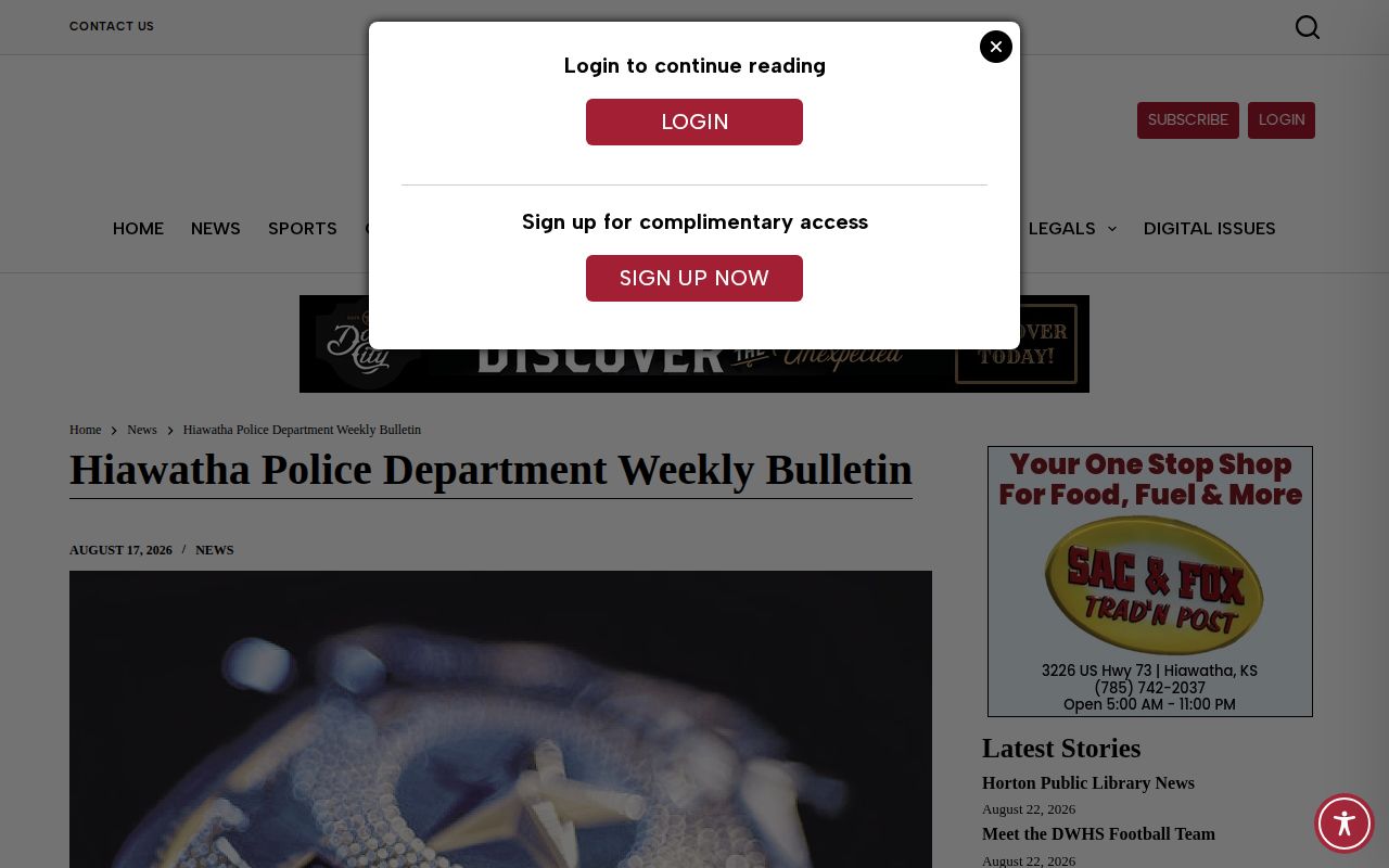 Brown County Hiawatha weekly police bulletin record
